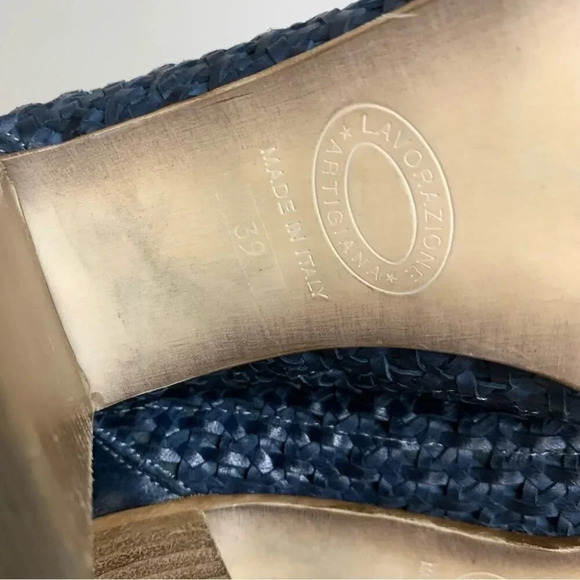 Donna Piu Navy Woven Stacked Heel  Peep Toe Leather Sandals 39 - Picture 3 of 8